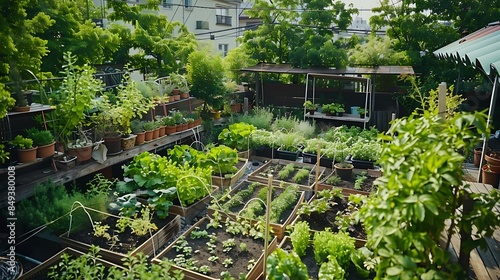 peaceful urban rooftop vegetable garden with edible landscaping featuring potted plants and a white building in the background