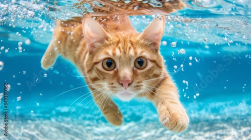 Underwater adventure with an adorable ginger cat swimming