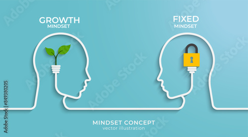 Mindset concept with head silhouette. Heads of two persons one with growth mindset vs fixed mindset. Vector illustration design for template design, business, infographic, web, brochure and banner.