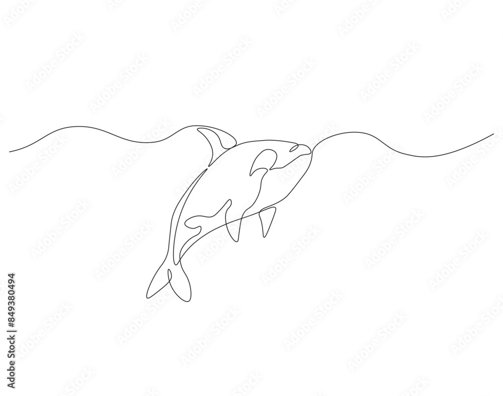 Continuous one line drawing of orca whale. One line drawing illustration of whale killer fish. World aquatic animal day concept continuous line art. Editable outline. Continuous one line drawing of orca whale. One line drawing illustration of whale killer fish. World aquatic animal day concept continuous line art. Editable outline.