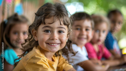 Close-up of a young Caucasian girl with curly hair, smiling during a group outdoor activity, hinting at a playful and creative setting.