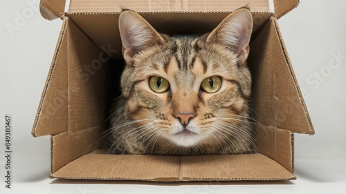 photo of a cute cat in a cardboard or box on a white background