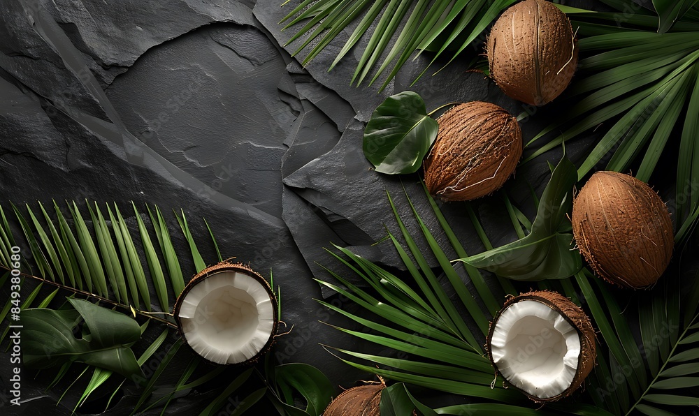 Coconut Bliss Delight in the allure of the tropics with this mesmerizing top-view composition featuring fresh coconuts and swaying palm leaves on a sleek black stone background