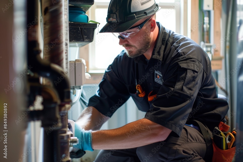 Residential Plumbing Repair by a Safety-Conscious Plumber Wearing Protective Gear Residential Plumbing Repair by a Safety-Conscious Plumber Wearing Protective Gear