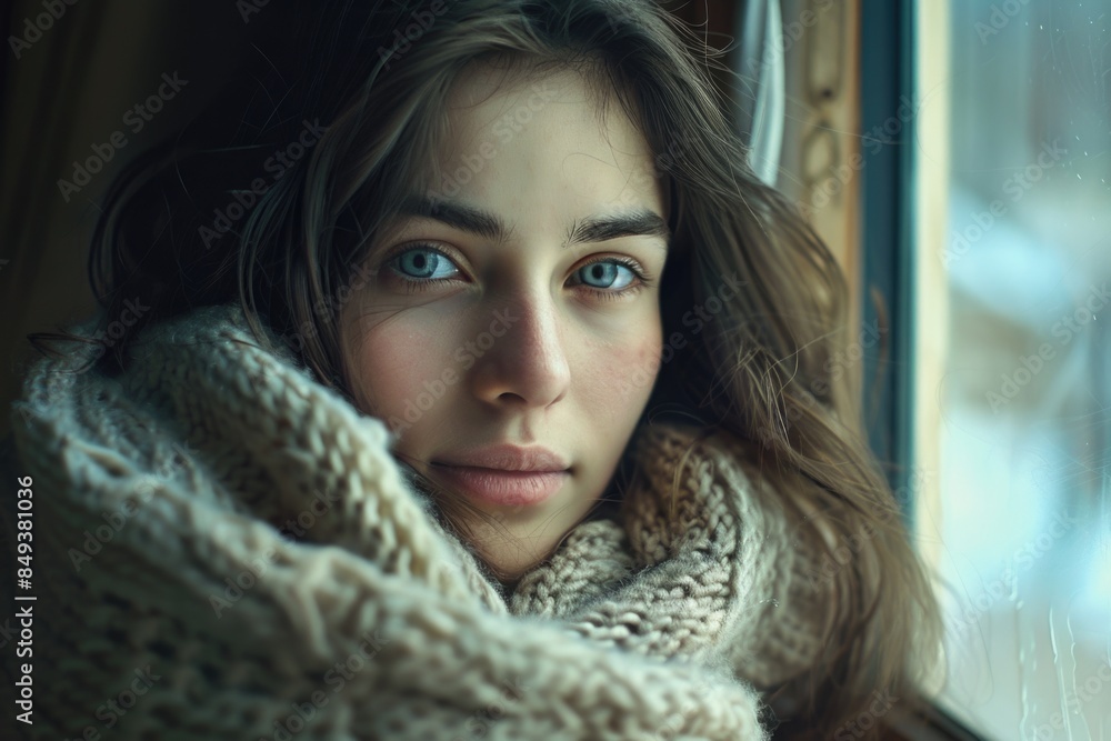 A woman gazing out of a window with a contemplative expression, possibly searching for something or lost in thought A woman gazing out of a window with a contemplative expression, possibly searching for something or lost in thought