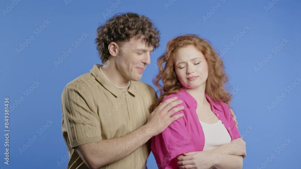 Couple decide to reconcile after conflict. Man and woman trying to apologize, supports each other. forgiveness, they smiling. Spouses after quarrel Couple decide to reconcile after conflict. Man and woman trying to apologize, supports each other. forgiveness, they smiling. Spouses after quarrel
