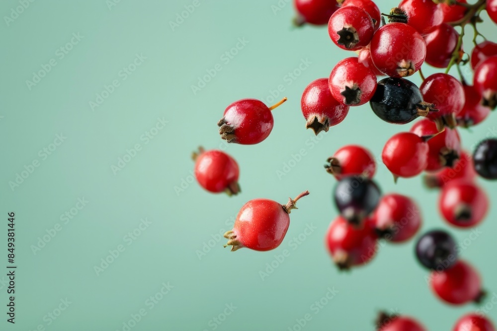 Guarana berries fly in the air. Green background, copy space for text. Concept: Eco-friendly, harvesting, energy berries. Guarana berries fly in the air. Green background, copy space for text. Concept: Eco-friendly, harvesting, energy berries.
