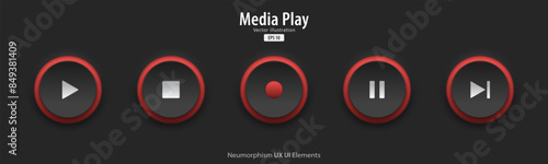 Play multimedia sign. A set of white buttons have blue neon lights with multimedia symbols. 3D Neumorphism design style for Apps, Websites, Interfaces, and mobile apps. UI UX. Vector illustration.