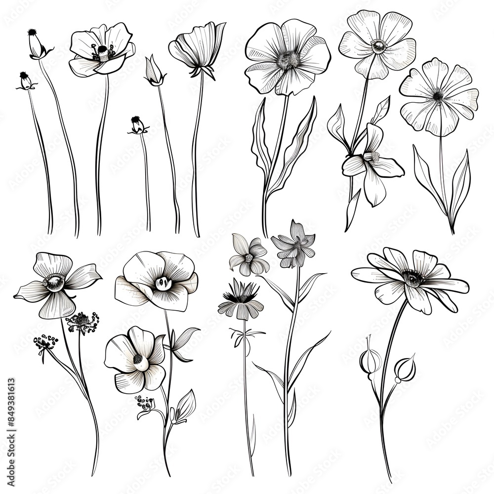 Black and White Floral Sketch Collection Black and White Floral Sketch Collection