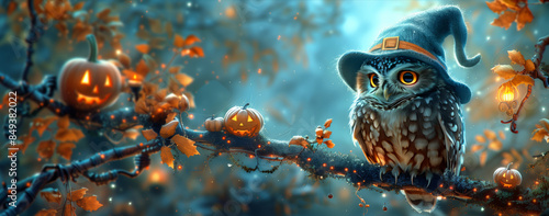 Sweet little owl wearing a witch hat perched on a branch with Halloween decorations