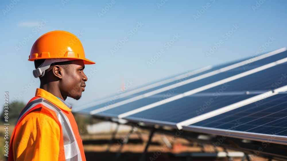 an engineer admiring a newly constructed solar panel array,