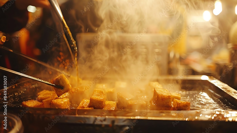 A dramatic scene of stinky tofu frying in a busy night market stall, with steam rising and vibrant lights in the background, capturing the bustling atmosphere A dramatic scene of stinky tofu frying in a busy night market stall, with steam rising and vibrant lights in the background, capturing the bustling atmosphere