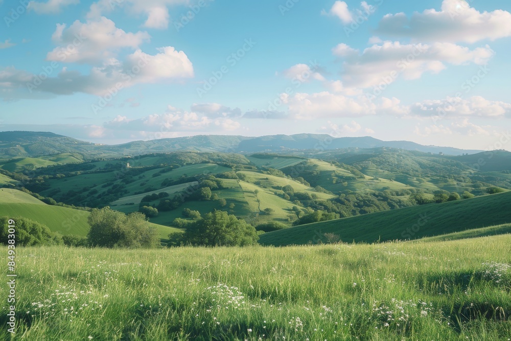 A serene view of lush green meadows, gentle rolling hills, and a pristine blue sky, creating an enchanting countryside scene. A serene view of lush green meadows, gentle rolling hills, and a pristine blue sky, creating an enchanting countryside scene.