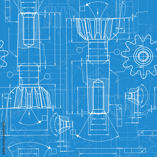 Mechanical engineering drawings on blue background. Tap tools, borer. Technical Design. Cover. Blueprint. Seamless pattern. Vector illustration.
