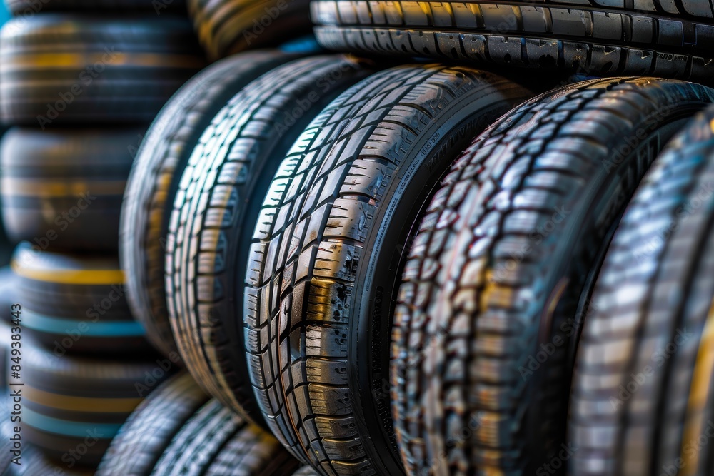 Variety of Brand New Tires Ready for Installation - Different Sizes and Types Available in Shop Variety of Brand New Tires Ready for Installation - Different Sizes and Types Available in Shop