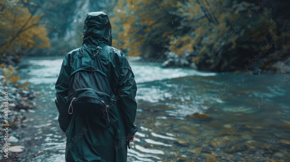 A person wearing a raincoat stands in a river, possibly fishing or taking a stroll A person wearing a raincoat stands in a river, possibly fishing or taking a stroll