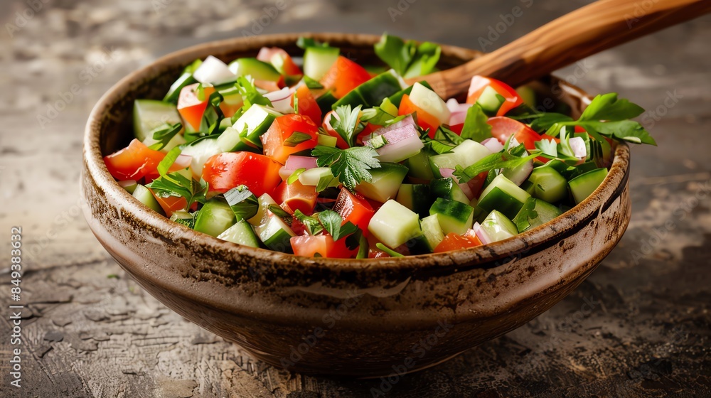 A fresh and colorful Israeli salad made with chopped cucumbers A fresh and colorful Israeli salad made with chopped cucumbers