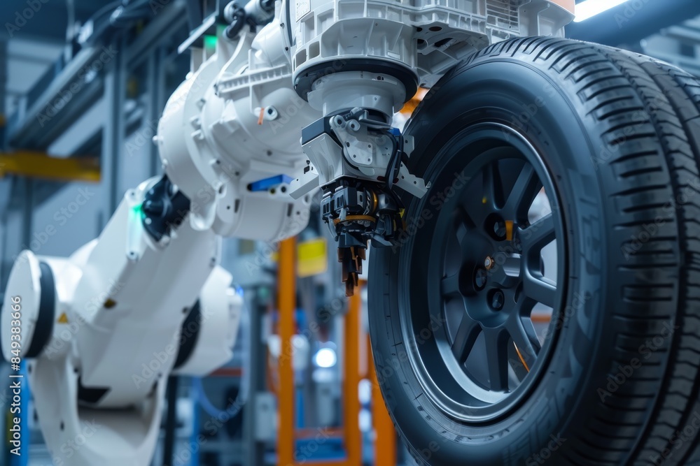 Fototapeta premium Advanced Tire Changing Robot in Action - Modern Auto Shop Technology for Efficient Tire Service