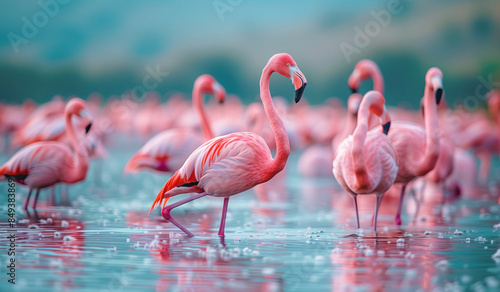 Beautiful telephoto shot of pink flamingoes flock standing in lake water in warm sunset light. Captures beauty of exotic destinations and importance of animal protection