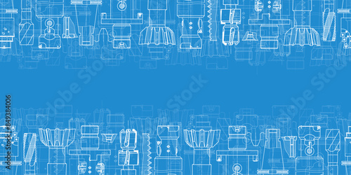 Mechanical engineering drawings on blue background. Tap tools, borer. Technical Design. Cover. Blueprint. Seamless pattern. Vector illustration.