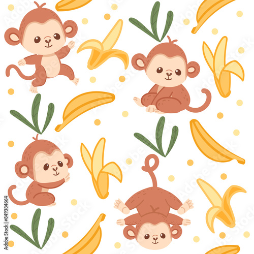 Seamless pattern cute small monkey with banana cartoon animal design vector illustration on white background