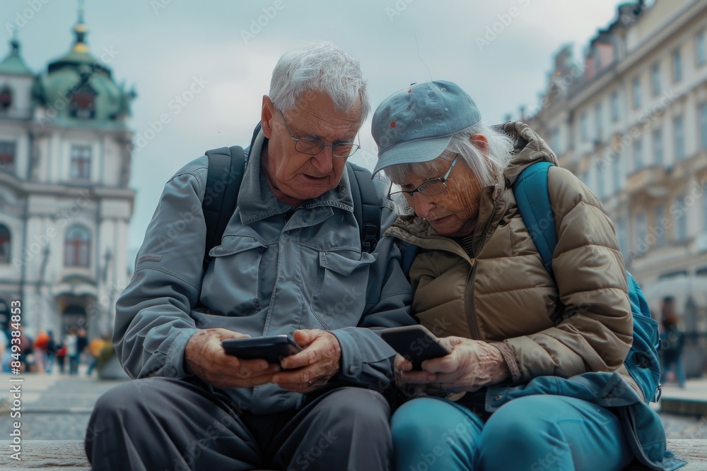 A couple sits together on a bench, both looking down at their cell phones A couple sits together on a bench, both looking down at their cell phones