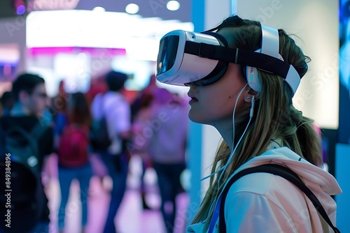 a woman with long black hair wearing a white shirt and black and white goggles stands in front of a crowd of people, with a black strap visible in the foreground © YOGI C