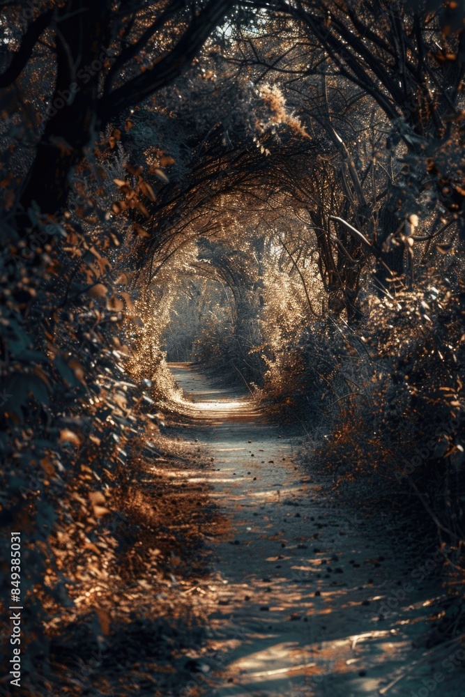 A winding path through dense woods with lush greenery and possibly hidden wildlife A winding path through dense woods with lush greenery and possibly hidden wildlife