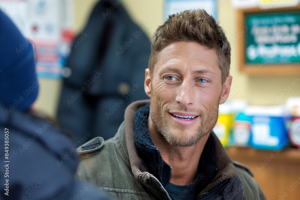 Obraz premium cheerful young man talking to a colleague in a shop