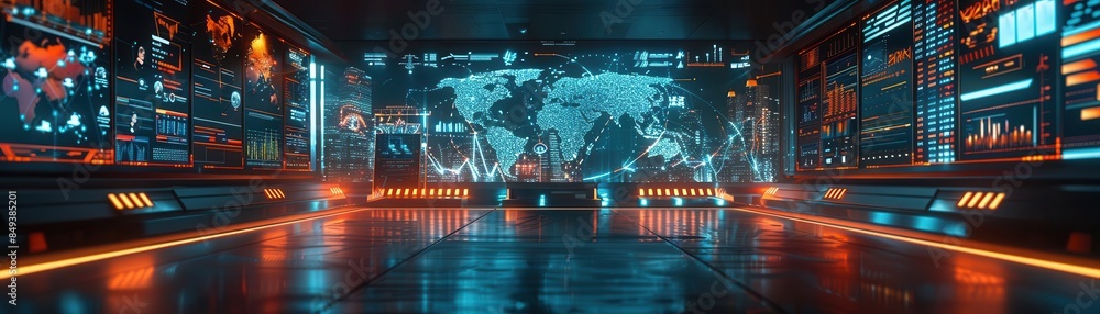 Obraz premium Futuristic cyberpunk city with glowing screens and world map.