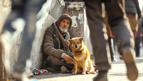 A homeless man, with his dog, stares emotionless as passersby walk by. Captures social issues, pet bonds, and challenges of marginalized people