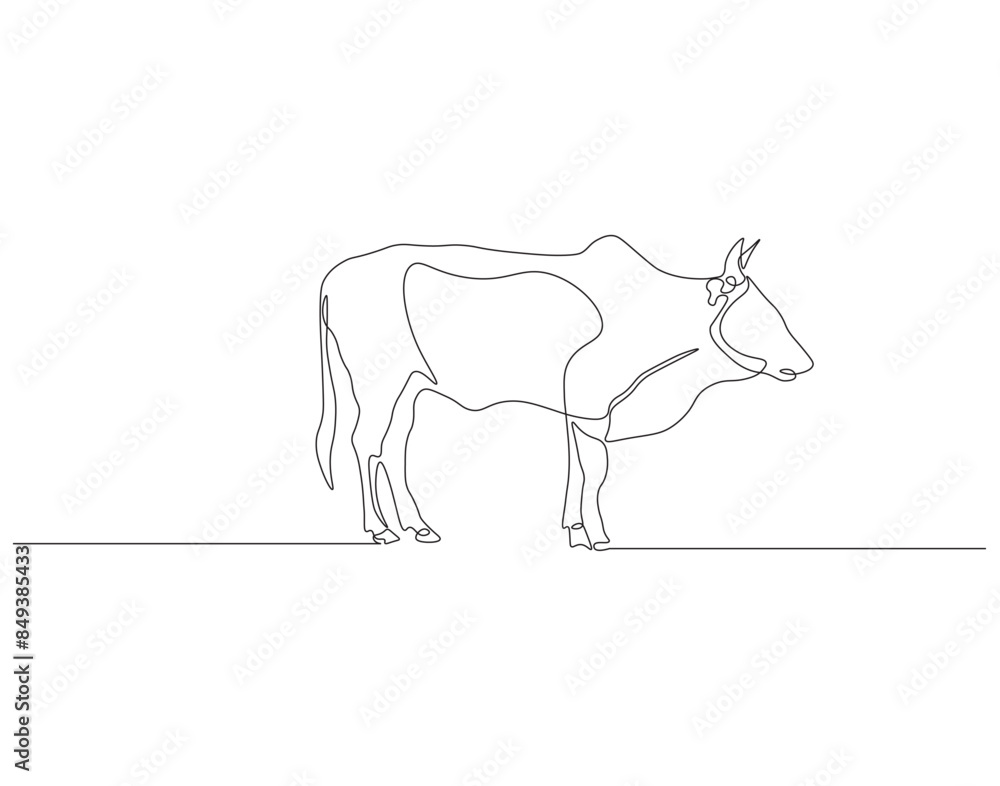 Fototapeta premium Continuous one line drawing of cow. One line drawing illustration of livestock cattle. Livestock concept continuous line art. Editable outline.