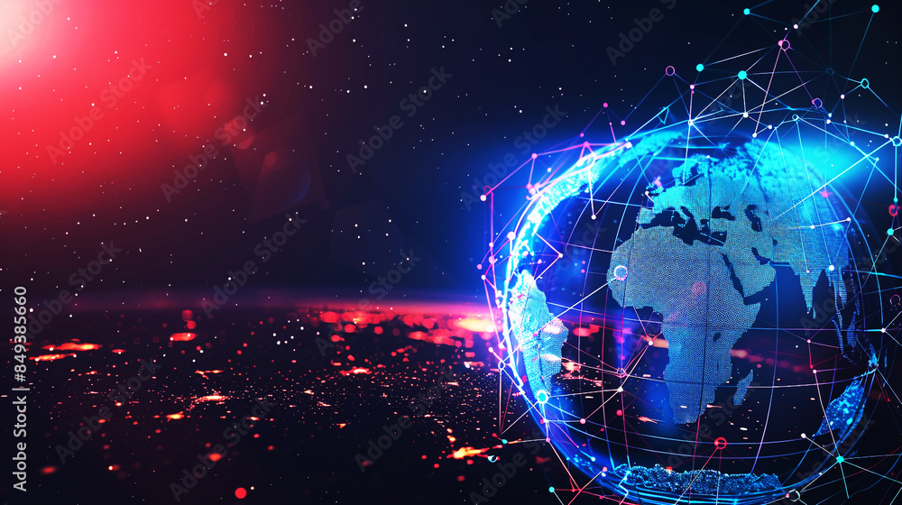 Fototapeta premium Futuristic digital globe with vibrant blue and red lights, representing global connectivity and technological advancement, ideal for tech and network-related themes