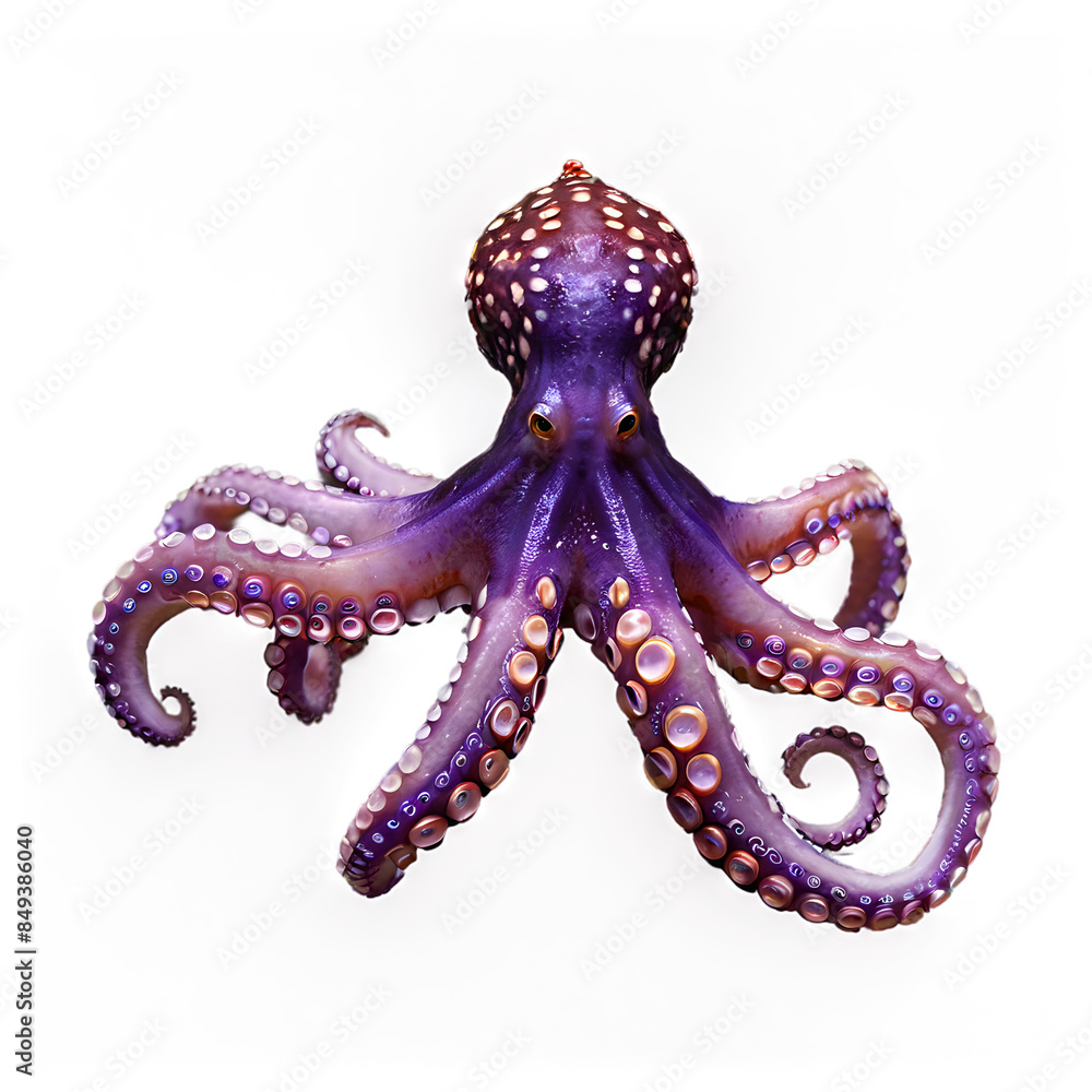 Fototapeta premium Octopus isolated on white or transparent png, purple.