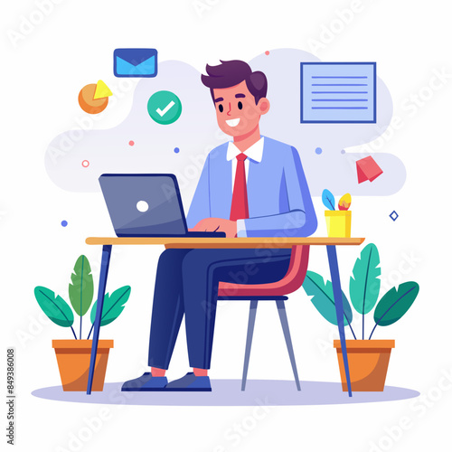 man sitting with laptop in the table wearing office dress and making social media content, Concept illustration for working, work from home