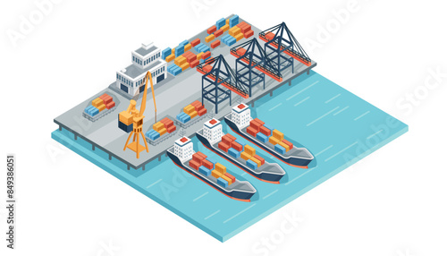 Marine terminal with cargo ships and cargo crane freight forwarding services vector illustration isometric design