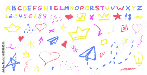 Large set of doodles with wax crayon texture. Crown, heart, airplane, light bulb design with crayon texture.