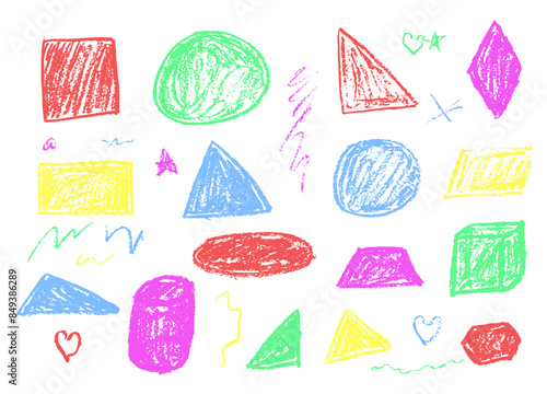 Doodle with wax texture. Design of geometric shapes with wax crayon texture. Cube, triangle, square, rhombus, heart, star with wax crayon texture