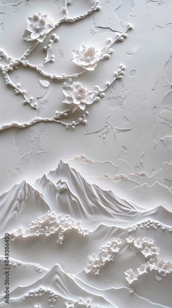 Beautiful mountain 3d relief wallpaper. Mural wallpaper. Wall art. AI generated illustration. Beautiful mountain 3d relief wallpaper. Mural wallpaper. Wall art. AI generated illustration.