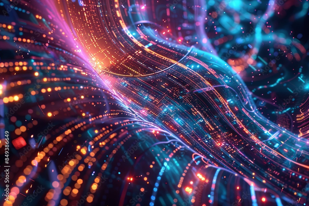 A dynamic, abstract visualization of big data, showcasing the flow of information through complex graphs and digital interfaces representing AI data processing. Generative AI A dynamic, abstract visualization of big data, showcasing the flow of information through complex graphs and digital interfaces representing AI data processing. Generative AI