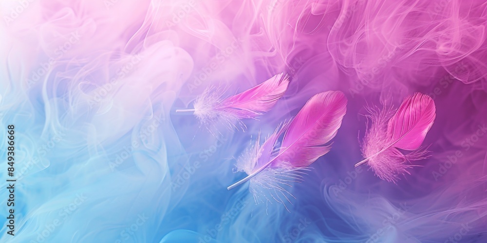 Ethereal background of floating pink feathers amidst a misty blue and pink haze. Ethereal background of floating pink feathers amidst a misty blue and pink haze.
