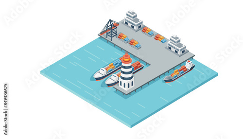 Marine terminal with cargo ships and cargo crane freight forwarding services vector illustration isometric design