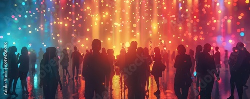 Silhouettes of people in a brightly lit room with colorful lights and falling confetti. © Naphatson