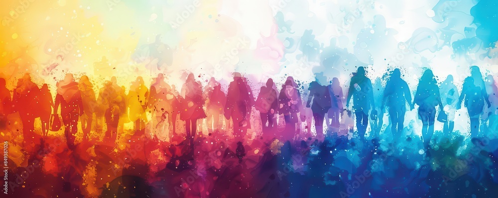 Silhouettes of people walking in a colorful, abstract background.