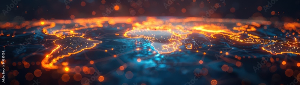Abstract glowing world map with fiery continents and a dark blue ...