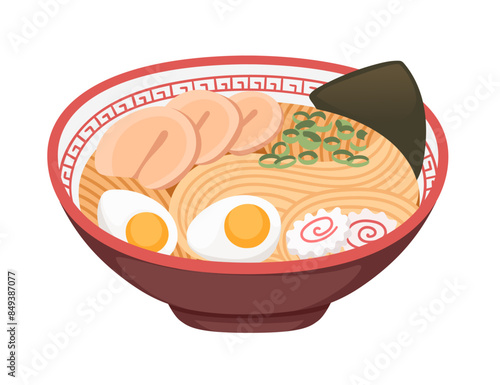Traditional Japanese Ramen soup in bowl tasty food with eggs meat and noodles vector illustration isolated on white background