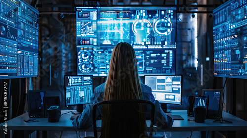 a Gen Z cybersecurity analyst with multiple high-resolution monitors showing network traffic, security alerts, and firewall status., capturing the vigilance and expertise required in cybersecurity. photo