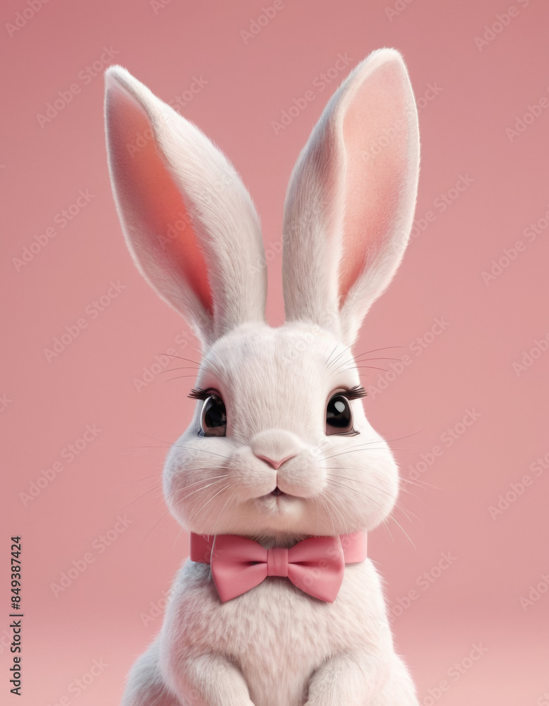 A 3D cartoon rabbit with long ears and a cute bow tie on a pastel pink background. A 3D cartoon rabbit with long ears and a cute bow tie on a pastel pink background.