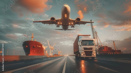 Transporting goods via airplane, truck, and cargo ship at sunset photo