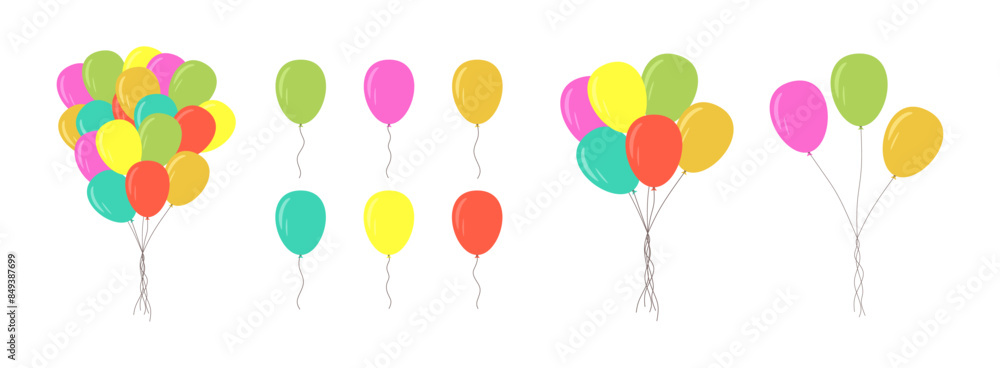 Balloons with rope set. Air baloons groups and singles, flying up ...